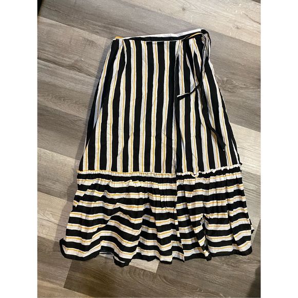 Who What Wear Yellow, Black, White Striped Ruffled Hem Tie Wrap Midi Skirt, Sz 4 - Picture 3 of 9